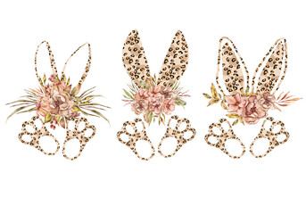 Watercolor leopard Easter floral bunny ears clipart on white background. Can be used for baptism invitation, Easter greeting card, first communion. Bunny ears, green leaves and dried flowers bouquet