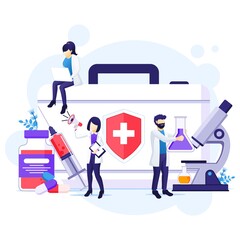 Vaccination concept, cure for Corona virus, time to vaccinate, doctors with syringe, vaccine bottle illustration