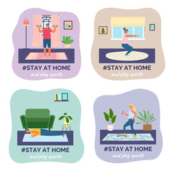 Stay at home concept series, people sitting at their apartments or rooms and going in for sports, spending time to good use. Family sitiing at home, keeping the distance. Quarantine or self-isolation