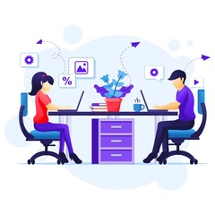 Work from home concept, People sitting at desk and work on laptop. Stay at home on quarantine during the Coronavirus Epidemic illustration