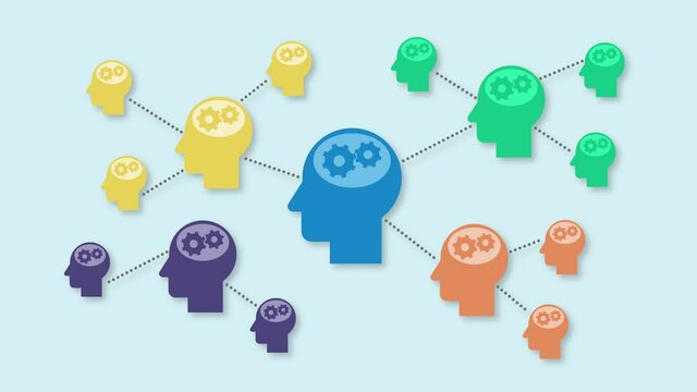 mind mapping template with colored human heads with spinning gears, team work and cooperation, luma matte for background replacement