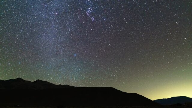 Time lapse tracking shot of winter Milky Way galaxy over Death Valley in California