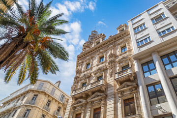 Low angle view of historical buildings and palm tree against blue cloudy sky in Toulon, France.