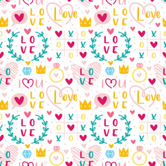St Valentine's Day. Love, heart, ring, crown. Relationship, emotion, passion. Seamless pattern, texture, background. Isolated on white background. Easy to change color.