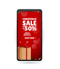 Holiday discounts on the phone. Christmas Sale. Christmas Shop Now. New Year Gifts on The Smartphone. Merry Christmas and Happy New Year. Colored. Winter Holidays. Vector Illustration