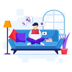 Work from home concept, A man sitting on sofa using laptop, stay at home on quarantine during the Coronavirus Epidemic illustration