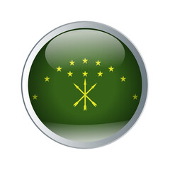 Shiny and emboss Button with flag of Adigea. High detailed circle flag. Vector illustration.