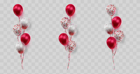 Set of Bouquet of realistic ballons red, transparent with confetti, paper circles and ribbons. Vector illustration. - obrazy, fototapety, plakaty