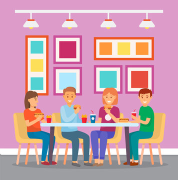 A group of friends sits in a fast food cafe and has hamburgers, hot dogs, french fries and drinks. cozy design cafe or mcdonalds. Eating out. Girl eating hot dog, guy has cheeseburger. Flat image