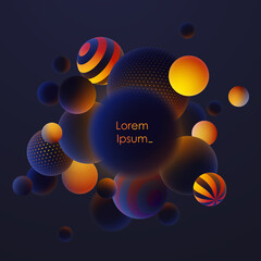 Realistic blue balls, blured and luminous, luminescent orange balls with patterns, dots and stripes with soft touch feeling in dark background. Vector illustration. 