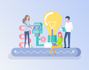 Man and woman with lightbulb vector, people working on development of project, electric bulb with tubes standing pedestal flat style lady with laptop