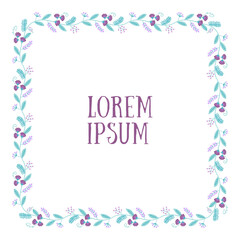 Poster with square garland of purple, pink handdrown flowers and green leafs and plants with text in the center. vector illustration isolated on white background.