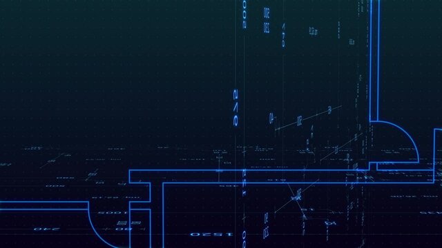 close-up view of a blueprint house plan, futuristic holographic style, CAD software interface (3d render)