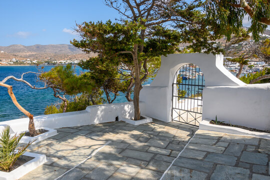 Terrace overlooking the sea right next to the church of Agia Irini (Saint Irene) near the port of Ios. Cyclades, Greece