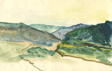 watercolor sketch with a gorge and mountains 