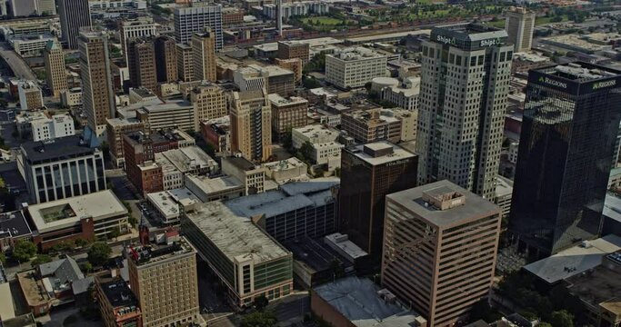 Birmingham Alabama Aerial v6 birdseye view of buildings in downtown Central City with I-20 highway in a distance - Shot on DJI Inspire 2, X7, 6k - August 2020
