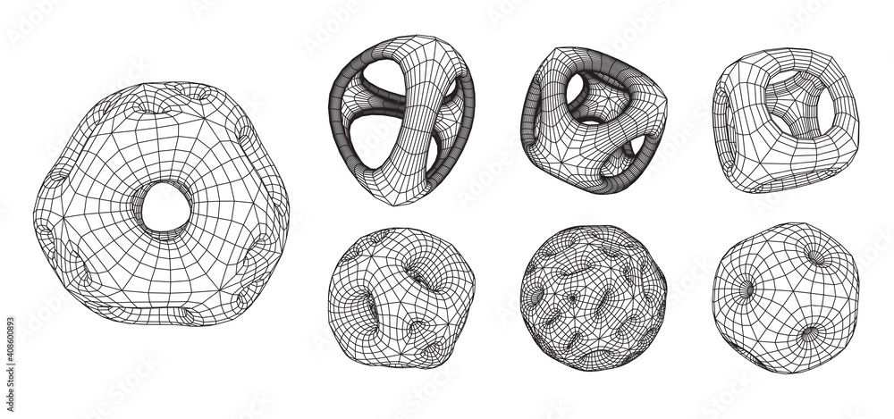 Poster Set of abstract 3d wireframe shapes or elements with smooth corners and holes. Scientific and geometric abstraction with deformed plationic forms