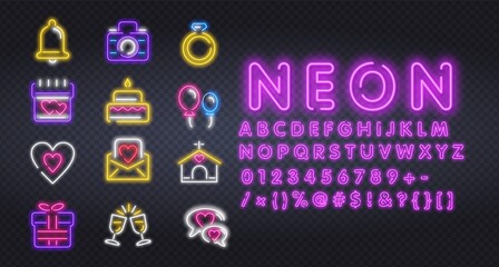 Set neon icons, label, emblem. Happy Valentine's Day. Neon sign, bright signboard, light banner.