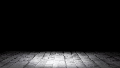 Arrière-plan noir avec support de briques pour présentation d'objets publicitaires pour promotion de produits. Aspect sol en relief, fond noir uni.