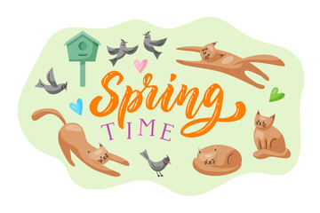 Spring time lettering design with cats, birds, birdhouse, hearts. Vector colorful illustration in flat style.