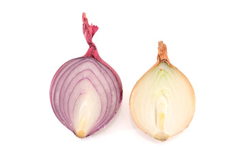 Red and yellow sliced onions isolated on white background.