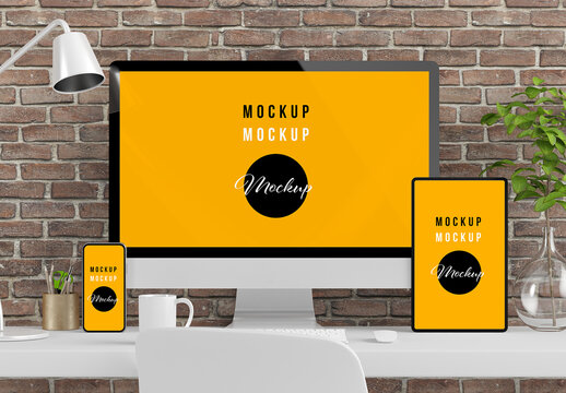 Responsive Devices Mockup on Desktop with Bricks Wall