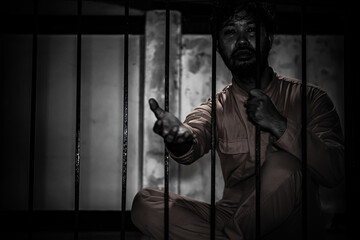 Fototapeta na wymiar Asian man desperate at the iron prison,prisoner concept,thailand people,Hope to be free,Serious prisoners imprisoned in the prison