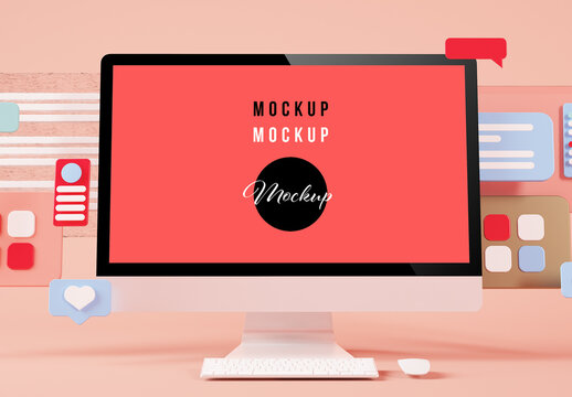 Computer with Interface Elements in Red and Pink Tones