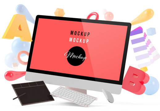 Floating Screen Computer Mockup with Graphic Design Elements