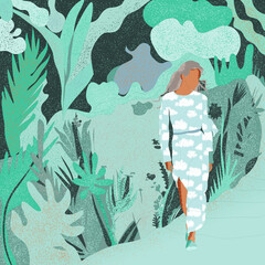 Ilustracja postać młoda kobieta w sukience w chmury na tle w motywy roślinne