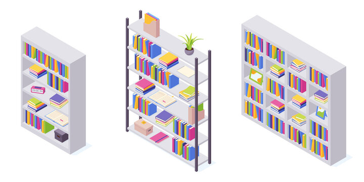 Books on shelf in isometric vector illustration set.