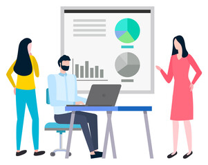 Man manager using laptop, people cooperation, work with computer. Board with report, finance and investment, teamwork. Vector brokers collaboration