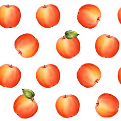 Seamless watercolor pattern of red apple. Isolated on white background. Food illustration for thanksgiving and harvest day, scrapbooking. Hand paint.