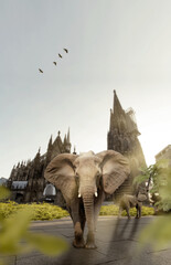 Fototapeta premium Elephant in the City of cologne, photomontage 