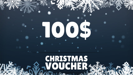 New Years Voucher 100 on a festive background. Christmas Sale. Merry Christmas and Happy New Year. Colored. Winter Holidays Set Realistic gifts. Special offer. Vector Illustration