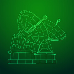 Radar. Directional radio antenna with satellite dish. Astronomy radio telescope . Wireframe low poly mesh vector illustration