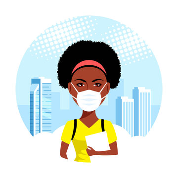 Young Woman Wearing Face Mask, Flat Style Vector