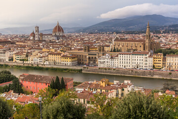Obraz premium Aerial view of Florence, Italy. Cathedral (Duomo) and Basilica di Santa Croce with its bell tower.