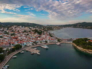 Obraz premium Aerial panoramic view over Chora town in Skiathos island, Sporades, Magnesia, Greece