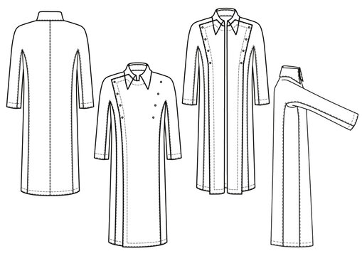 Long MEN'S COAT Double Breasted. Flat Technical Drawing front, back, side, front open. Mockup template, for fashion designer. DIN A2 Fashion Drawing. Vector 