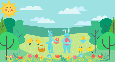 Concept for Easter. Spring garden with two rabbits, chicken, trees, grass and eggs, llustration for greeting card, banner, poster, postcard, invitation. Flat spring easter background