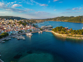 Aerial panoramic view over Chora town in Skiathos island, Sporades, Magnesia, Greece