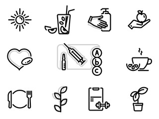 Set of black vector icons, isolated against white background. Flat illustration on a theme Food supplements, vitamins, prevention and a healthy lifestyle