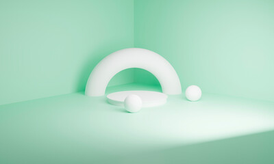 Minimal scene with podium and abstract background. Geometric shape. Blue pastel colors scene. Minimal 3d rendering. Scene with geometrical forms and blue background. 3d illustration.