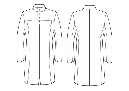 MEN'S COAT with Front Yoke & Zipper. Flat Technical Drawing front and back. Mockup template, for fashion designer. DIN A2 Quer. Vector 