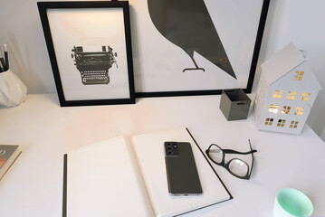 Close-up of a phone placed in the workplace.