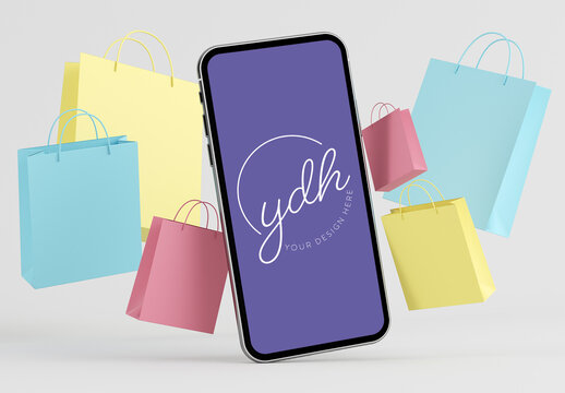 Floating Mobile Mockup Surrounded by Colorful Shopping Bags