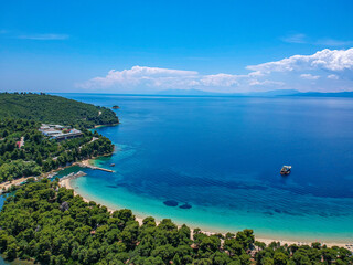 Aerial view over Koukounaries beach in Skiathos island, Sporades, Magnesia, Greece