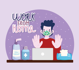 new normal lifestyle, work from home, boy with mask laptop and hand sanitizer cartoon style