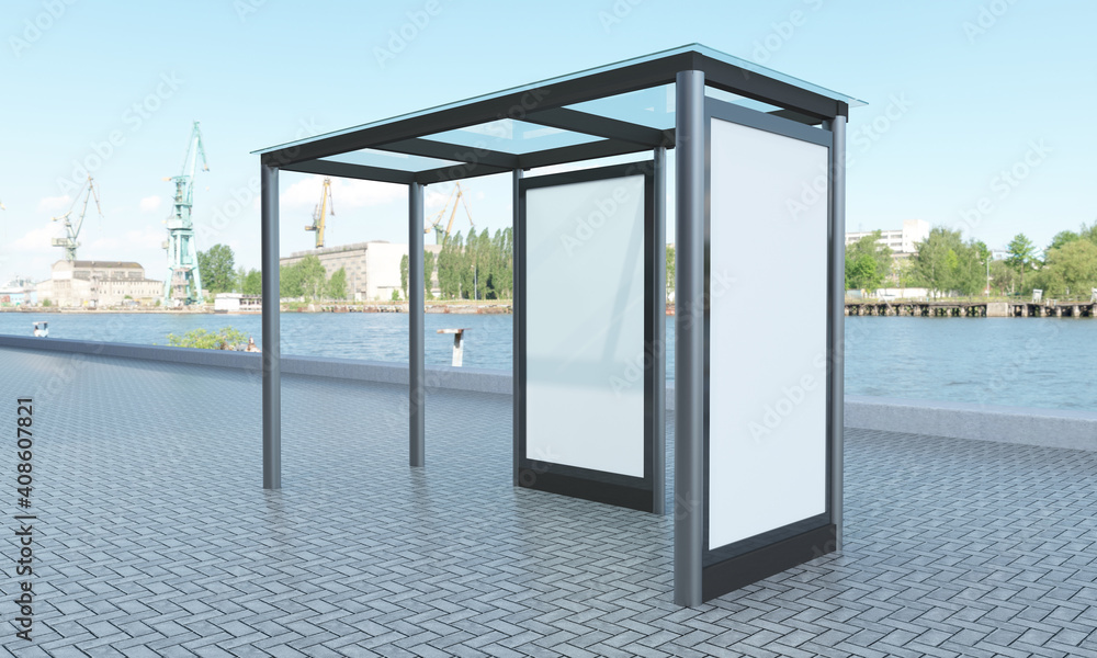 Poster 3d rendering illustration of a realistic mockup with a bus waiting area near the road